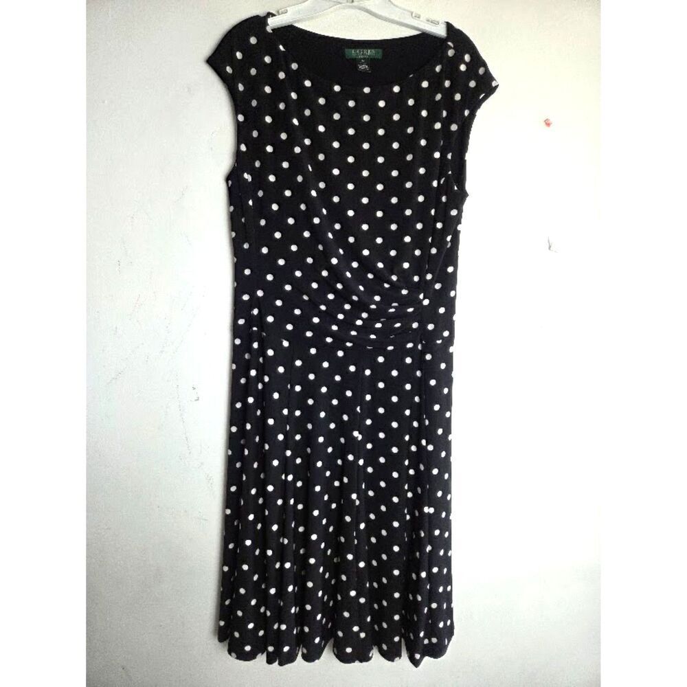 Lauren Ralph Lauren Black w/White Polka Dot Jersey Knit A-Line Dress size 14
